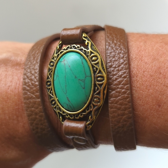 Premier Designs Faux Leather + Turquoise Wrap Bracelet - Picture 1 of 4
